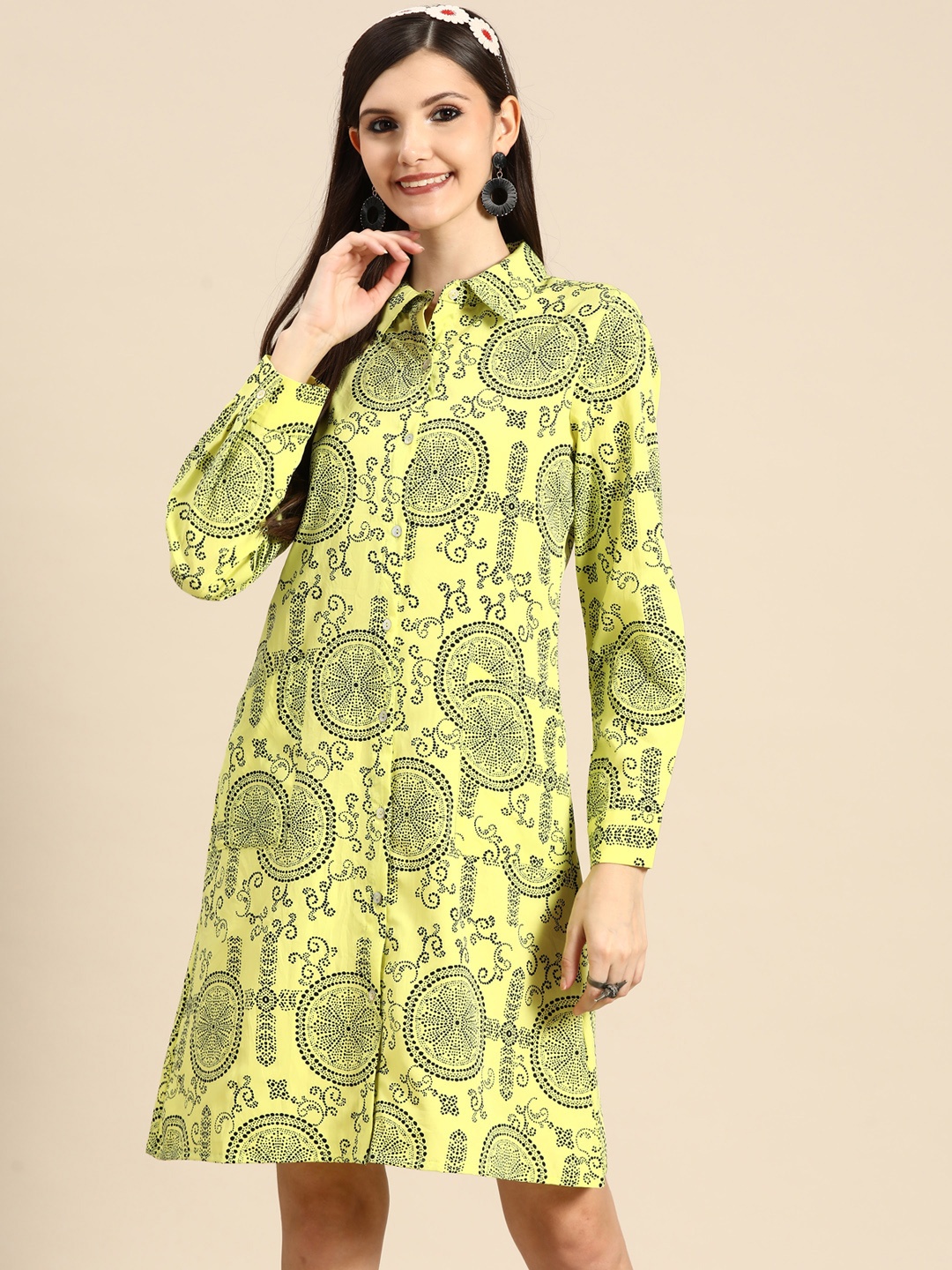 

Sangria Lime Green & Black Geometric Printed Shirt Dress