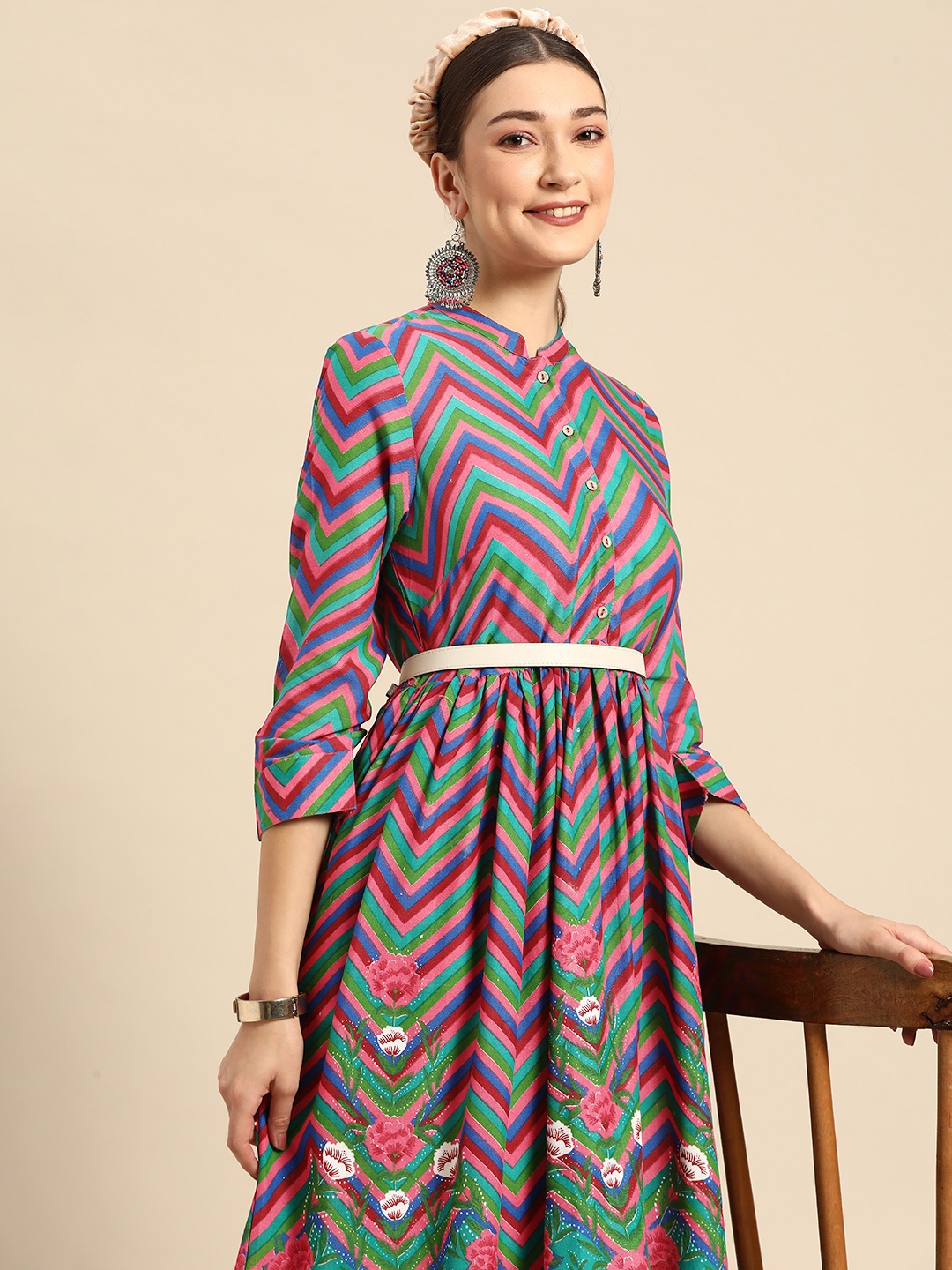 

Sangria Women Green & Pink Chevron Printed A-Line Dress