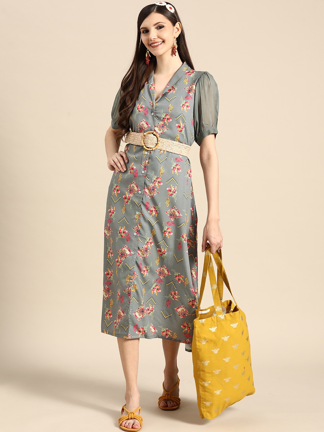 

Sangria Grey & Mustard Yellow Ethnic Motifs Shirt Midi Dress