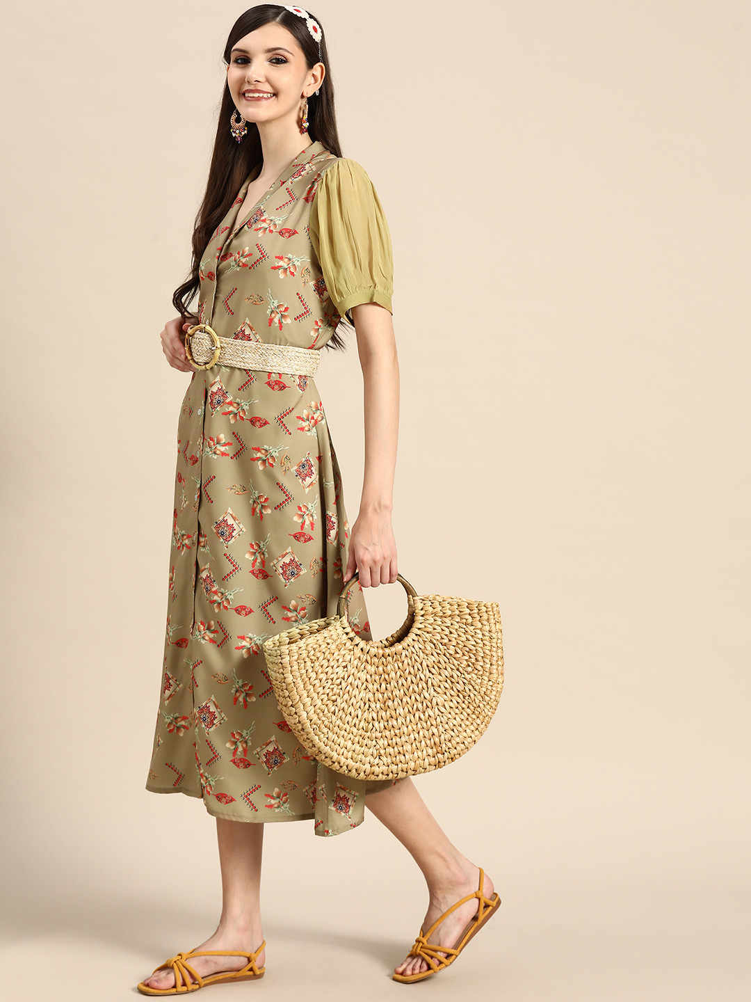 

Sangria Women Mustard Brown & Red Ethnic Motifs Shirt Midi Dress