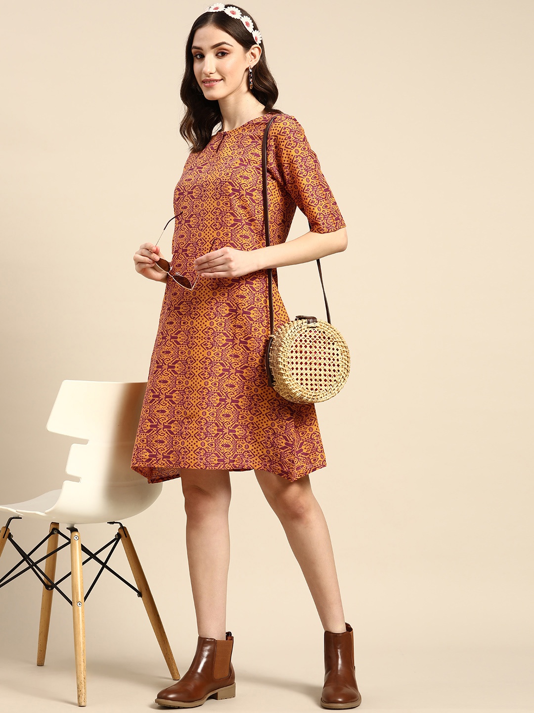 

Sangria Mustard Yellow & Purple Ethnic Motifs Keyhole Neck Ethnic A-Line Dress