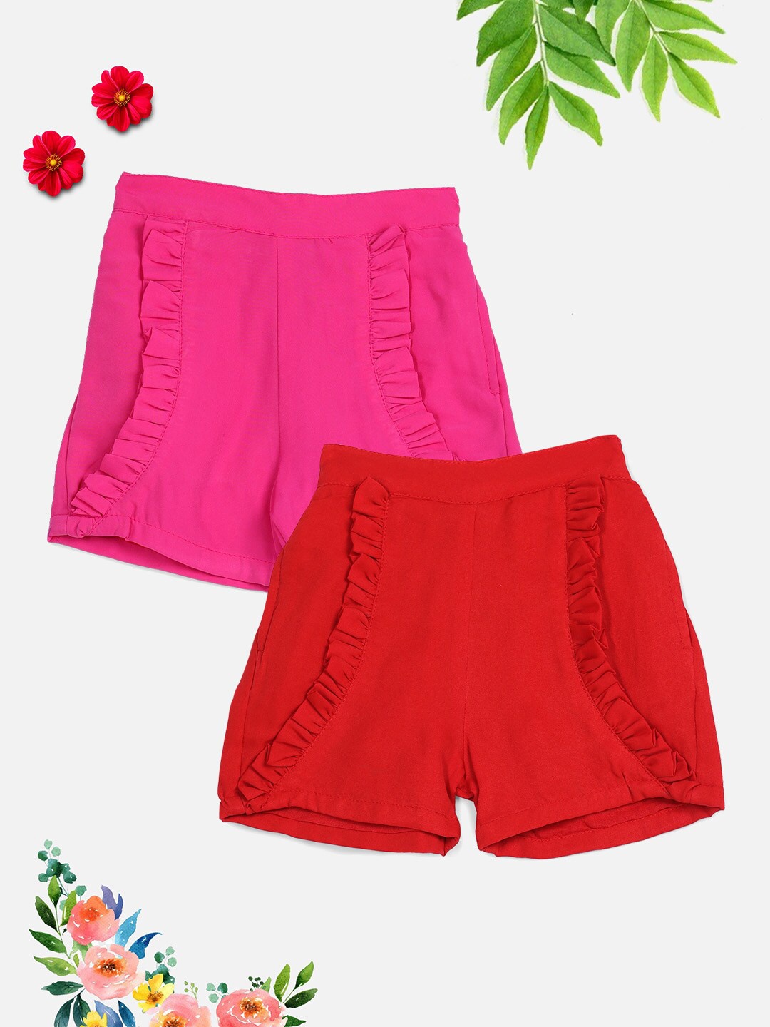 

Cutiekins Set Of 2 Girls Pink & Red Regular Fit Solid Shorts