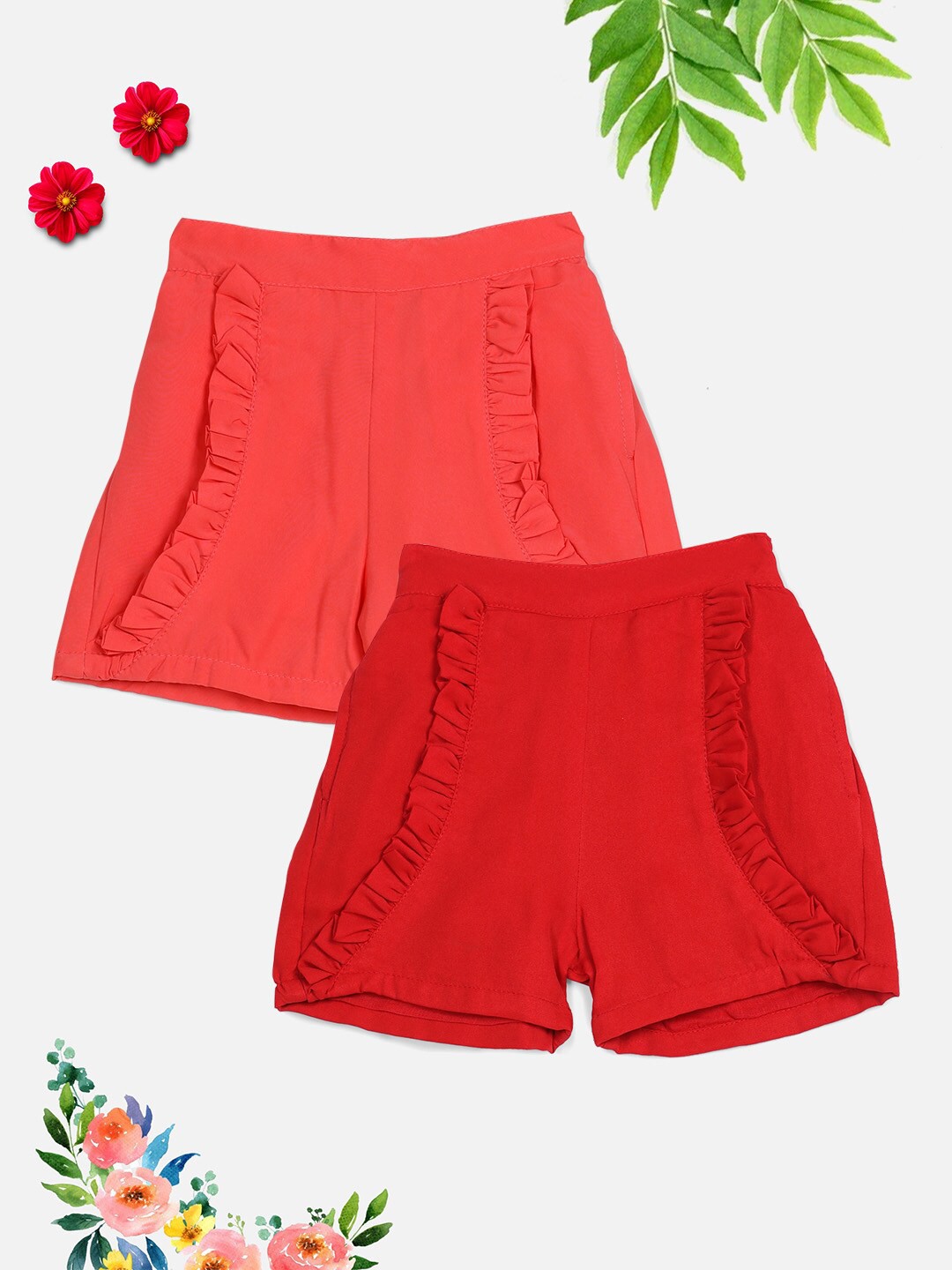 

Cutiekins Girls Peach & Red Set of 2 Solid Sports Shorts