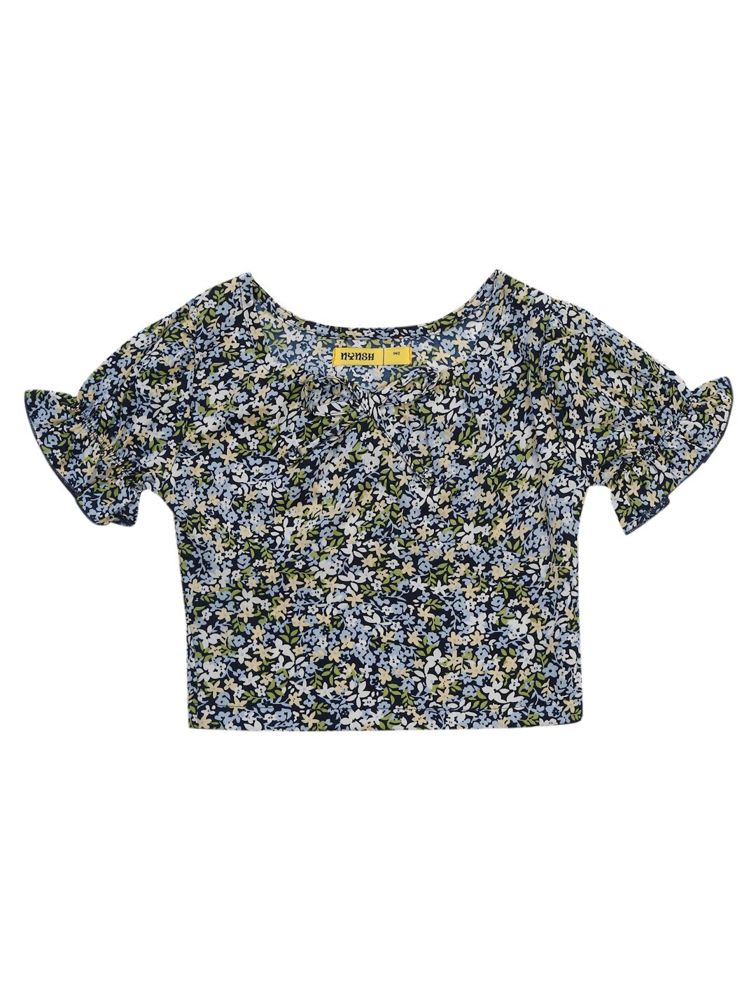 

NYNSH Girls Blue Floral Print Crop Top side zip detail design