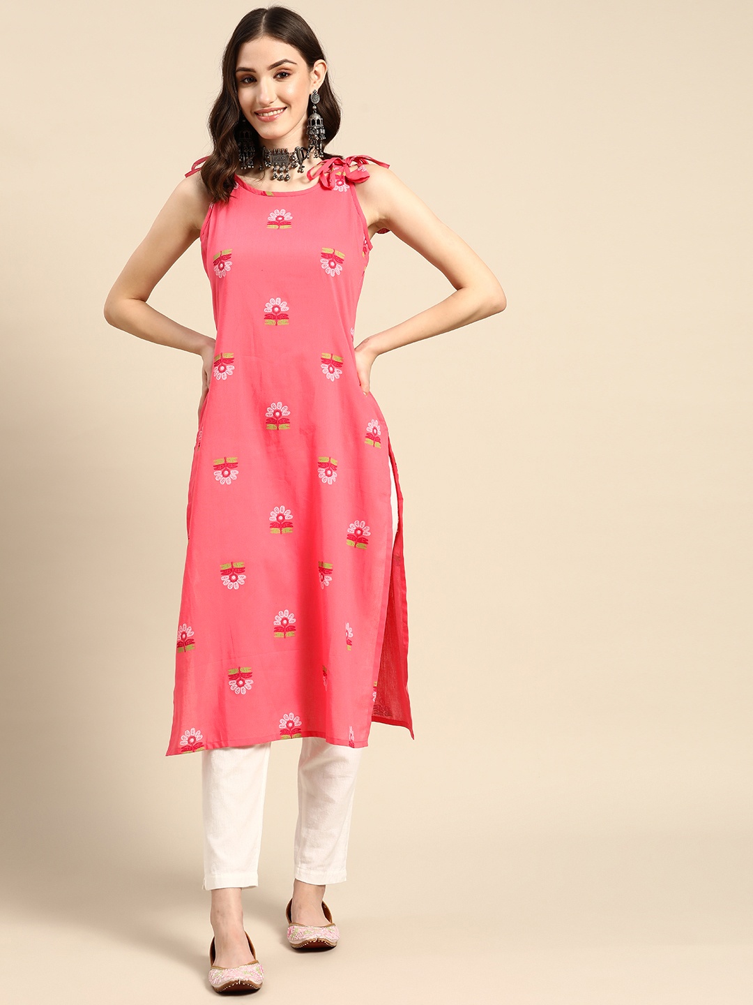 

Sangria Women Pink & White Pure Cotton Ethnic Motifs Printed Kurta