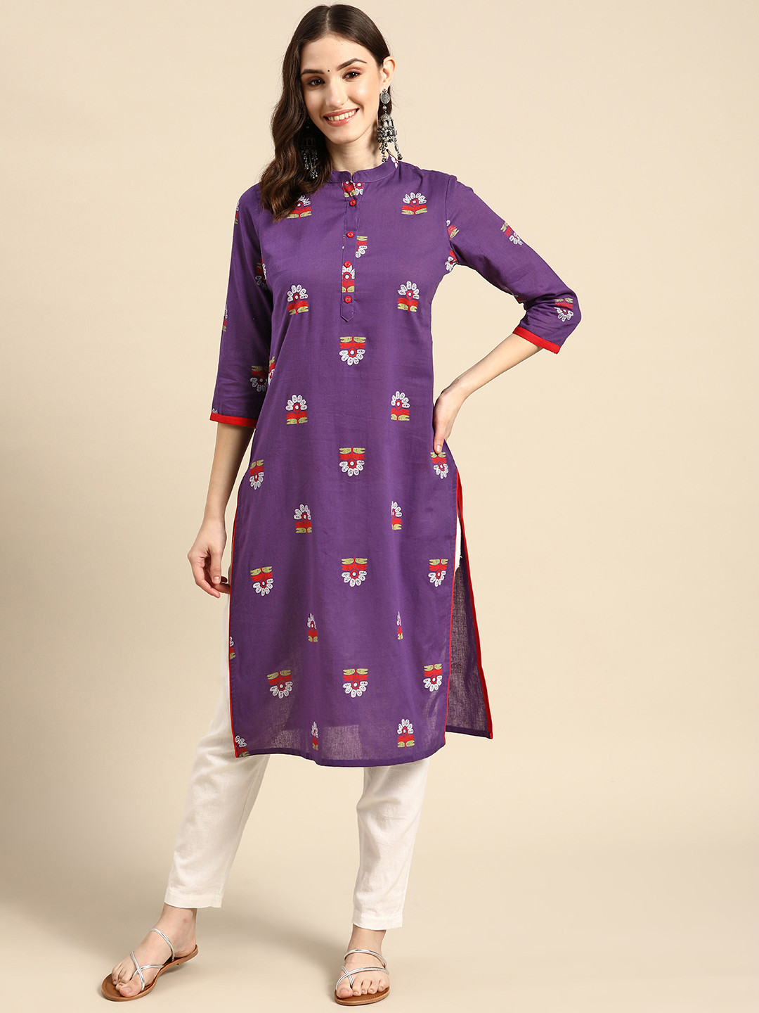 

Sangria Women Purple & White Pure Cotton Ethnic Motifs Printed Kurta