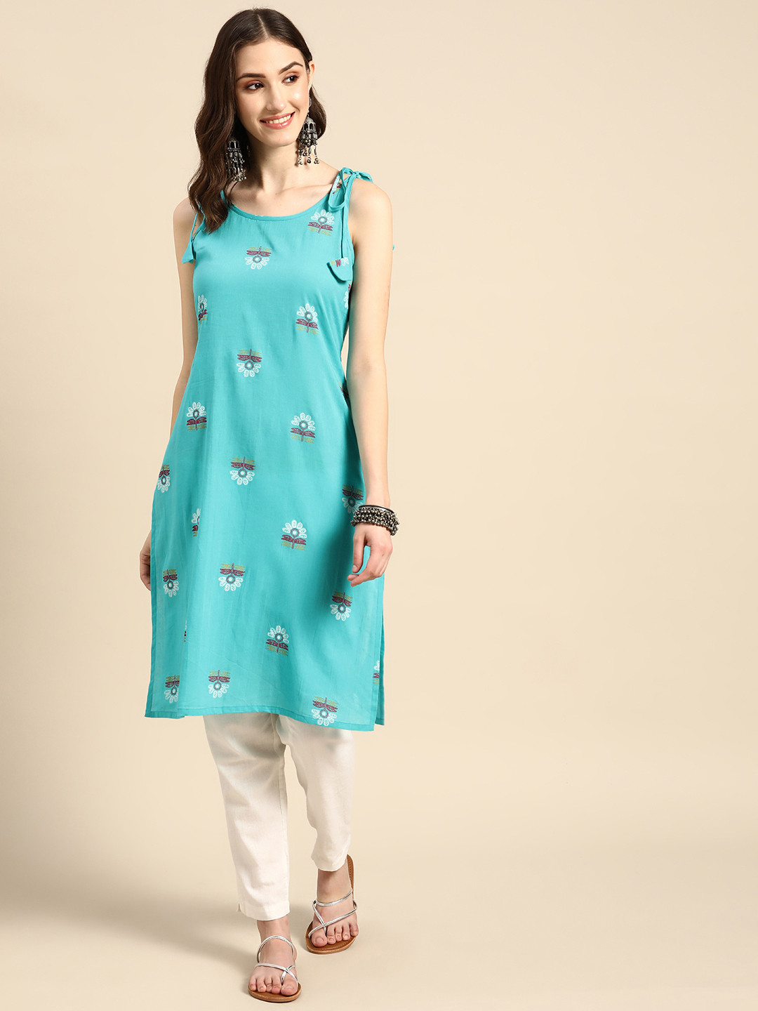 

Sangria Women Turquoise Blue & Pink Pure Cotton Ethnic Motifs Printed Kurta