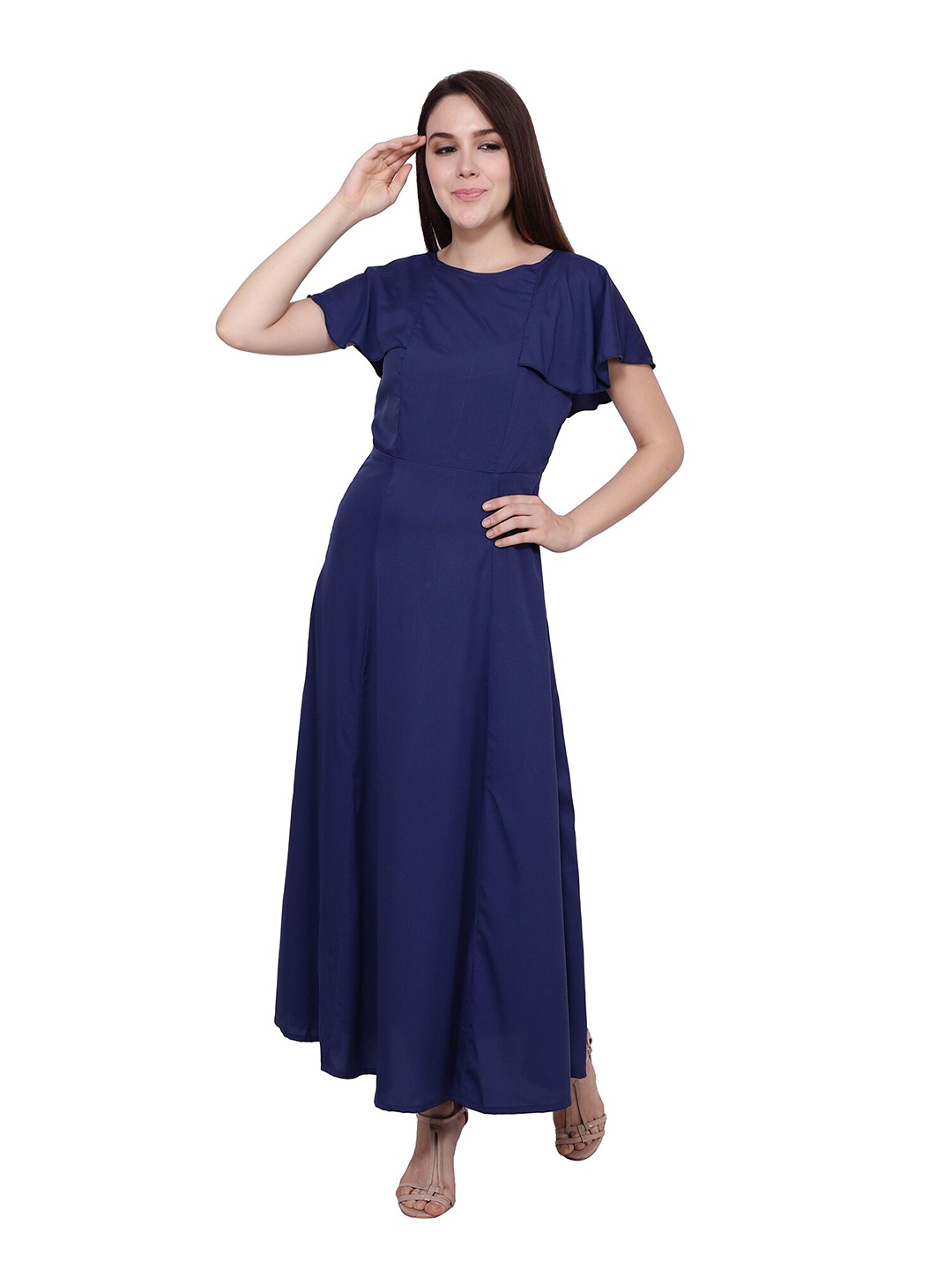 

Frempy Navy Blue Solid Crepe Maxi Dress
