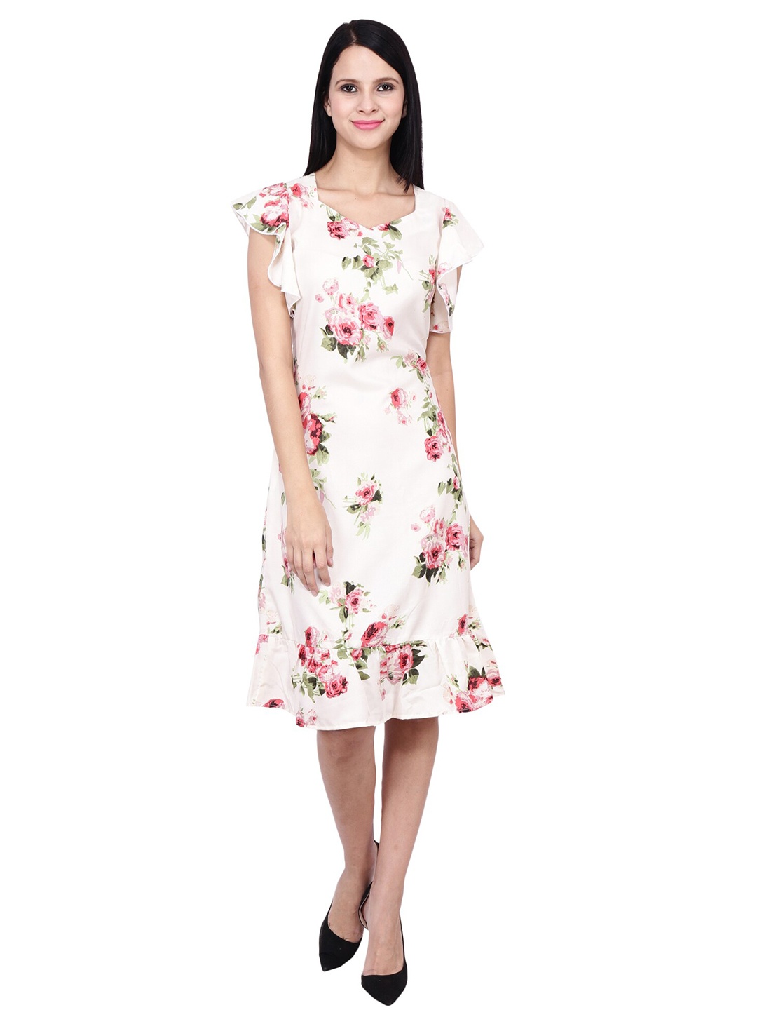 

Frempy White & Pink Floral Crepe A-Line Dress