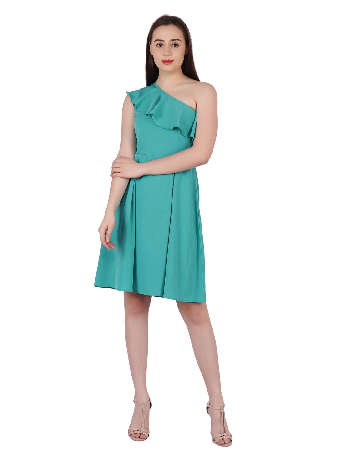 

Frempy Women Green Solid Crepe Fit & Flare Dress