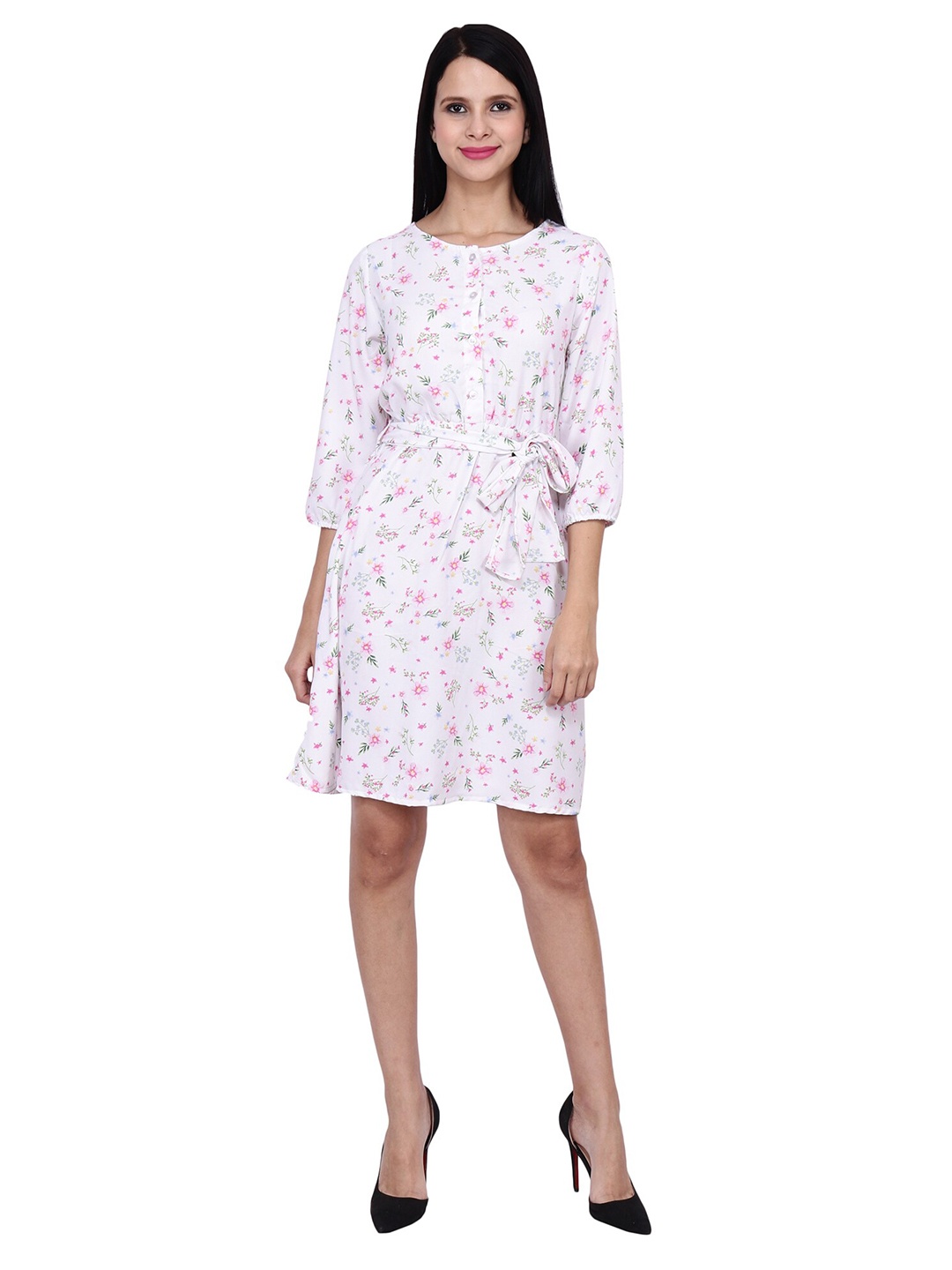 

Frempy White Floral Georgette A-Line Dress
