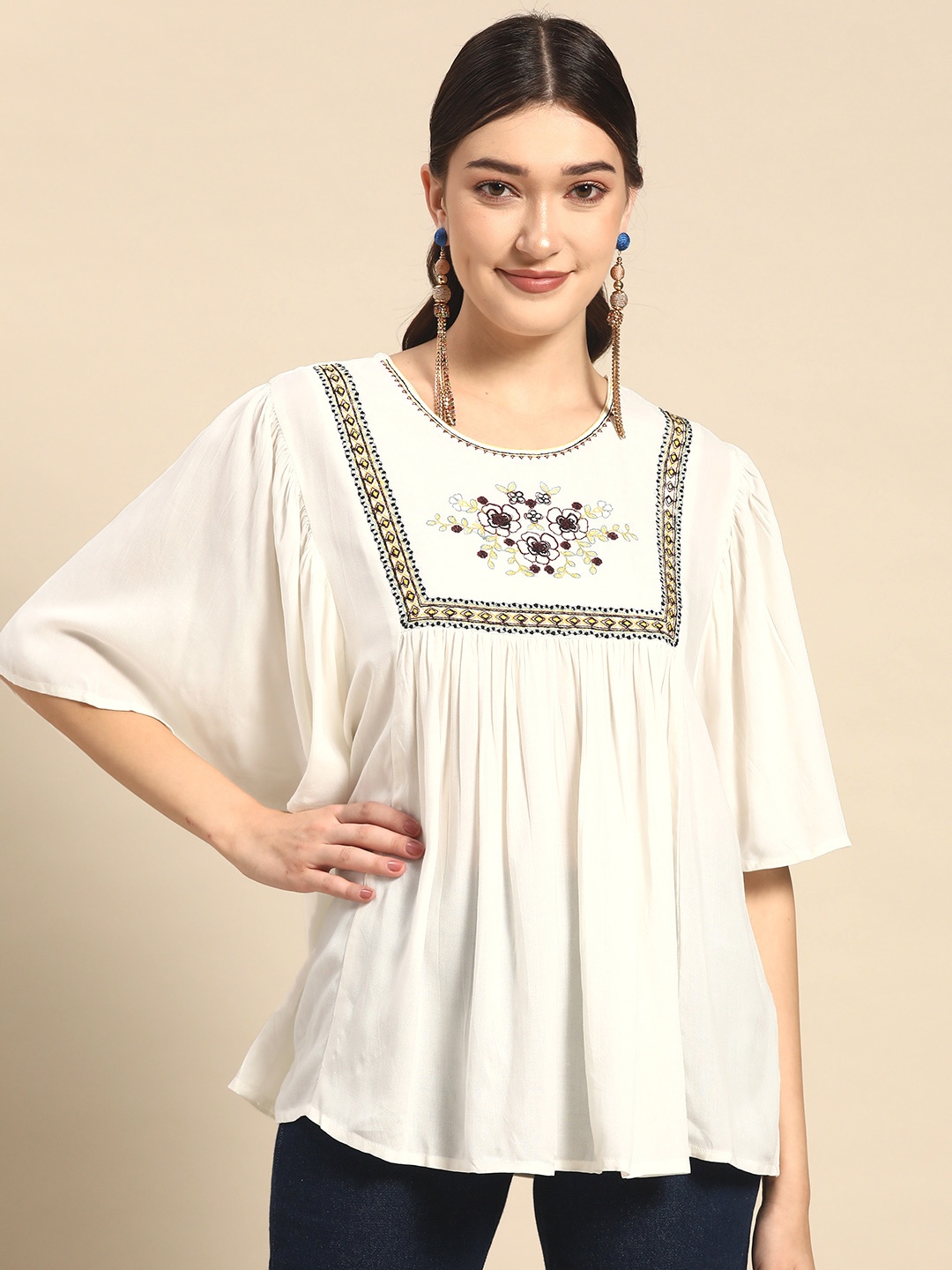 

Sangria White Embroidered A-Line Top