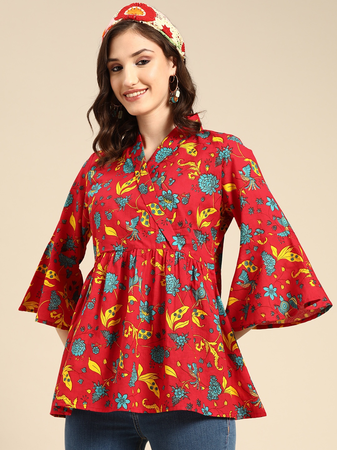 

Sangria Red & Yellow Floral Print Wrap Top