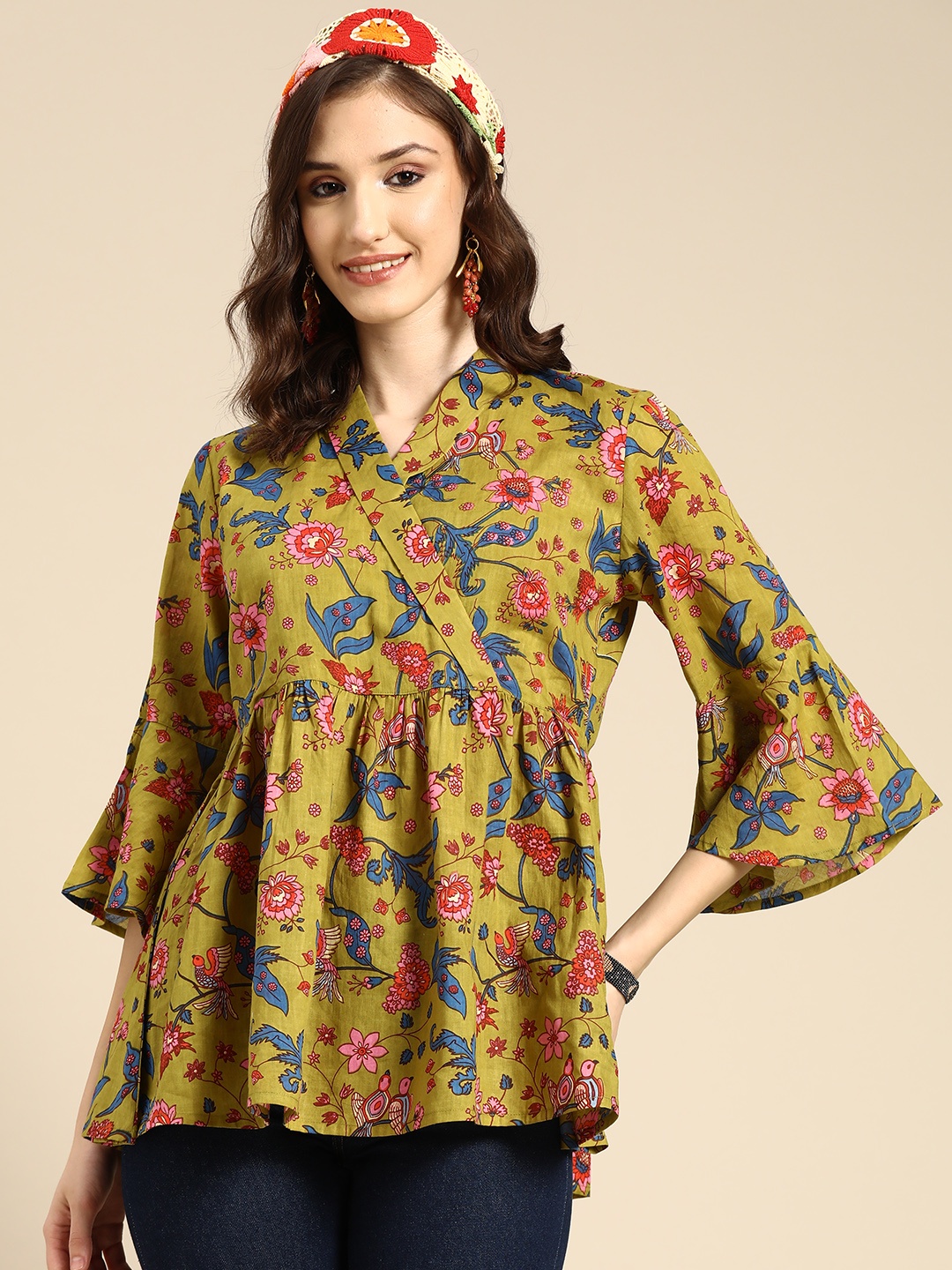 

Sangria Green & Blue Floral Print Wrap Top