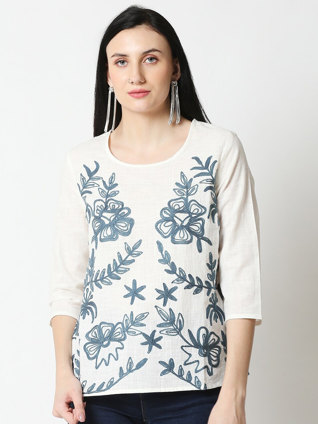 

Aanyor Women White Floral Embroidered Pure Cotton Top