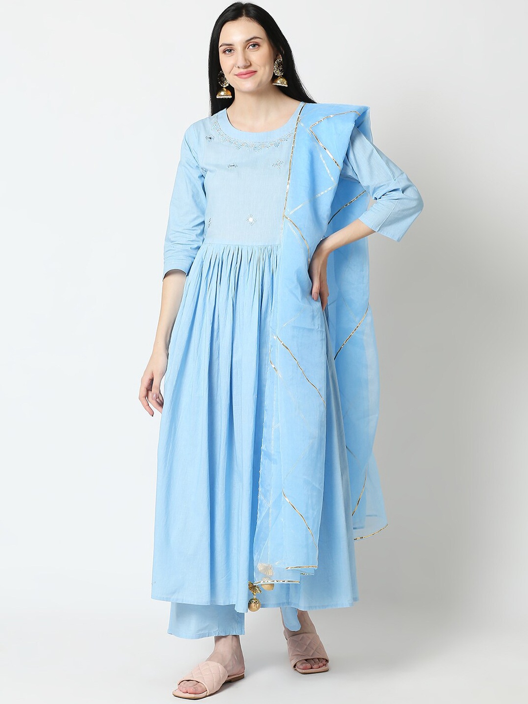 

Aanyor Women Blue Layered Mirror Work Pure Cotton Kurti with Palazzos & With Dupatta