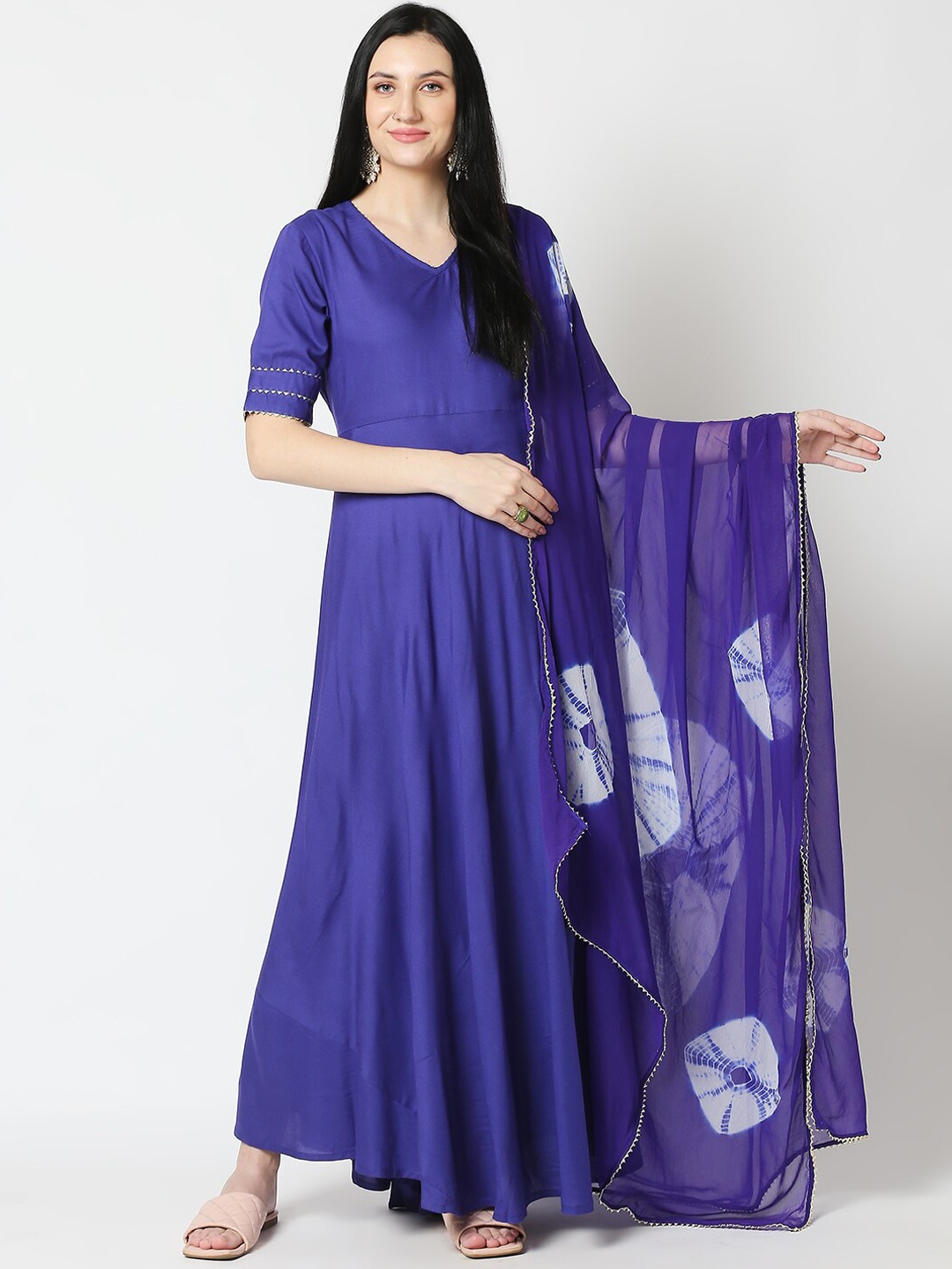 

Aanyor Women Blue & White Anarkali Kurta with Dupatta