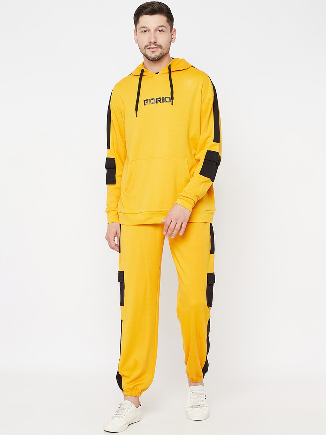 

EDRIO Men Mustard Yellow & Black Colorblocked Logo Printed Cotton Tracksuits