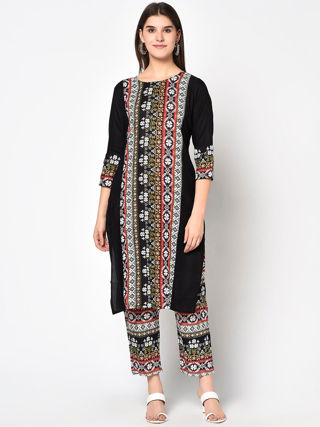 

ERISHA Women Black Printed Panelled Kurta with Palazzos