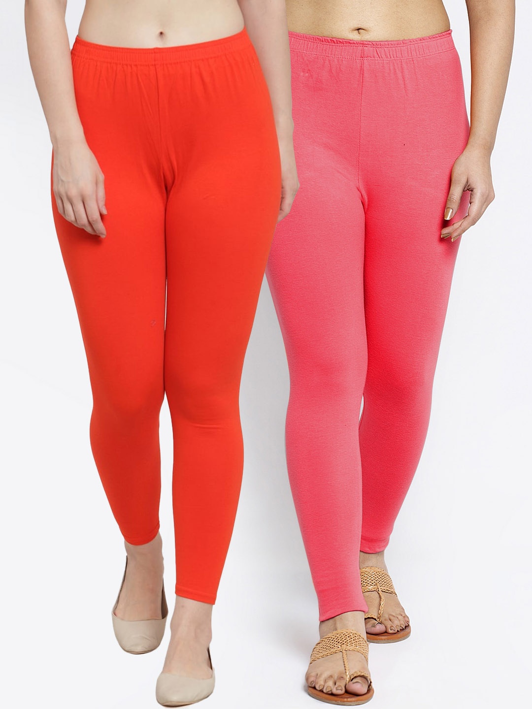 

GRACIT Women Pack of 2 Peach & Orange Solid Leggings