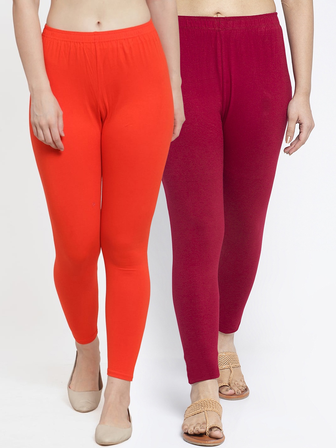

GRACIT Women Pack Of 2 Orange & Maroon Solid Ankle Length Leggings