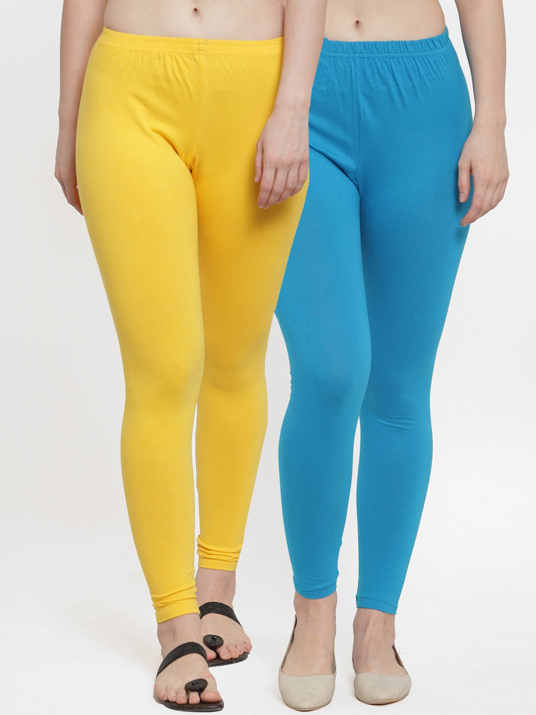 

GRACIT Women Pack Of 2 Yellow & Blue Solid Cotton Ankle Length Leggings