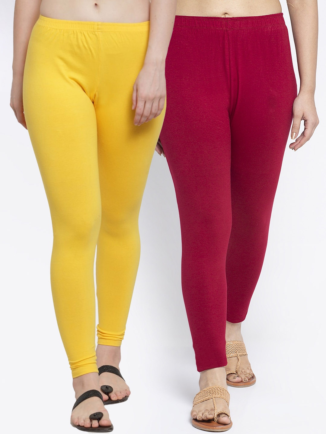 

GRACIT Women Pack Of 2 Solid Ankle Length Leggings, Yellow