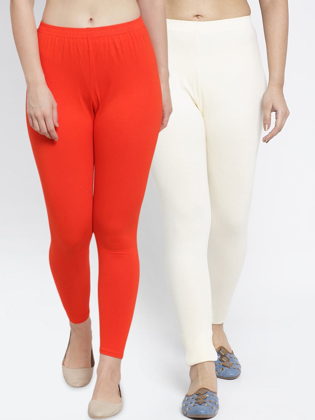 

GRACIT Women Pack Of 2 Orange & Off-White Solid Ankle Length Leggings