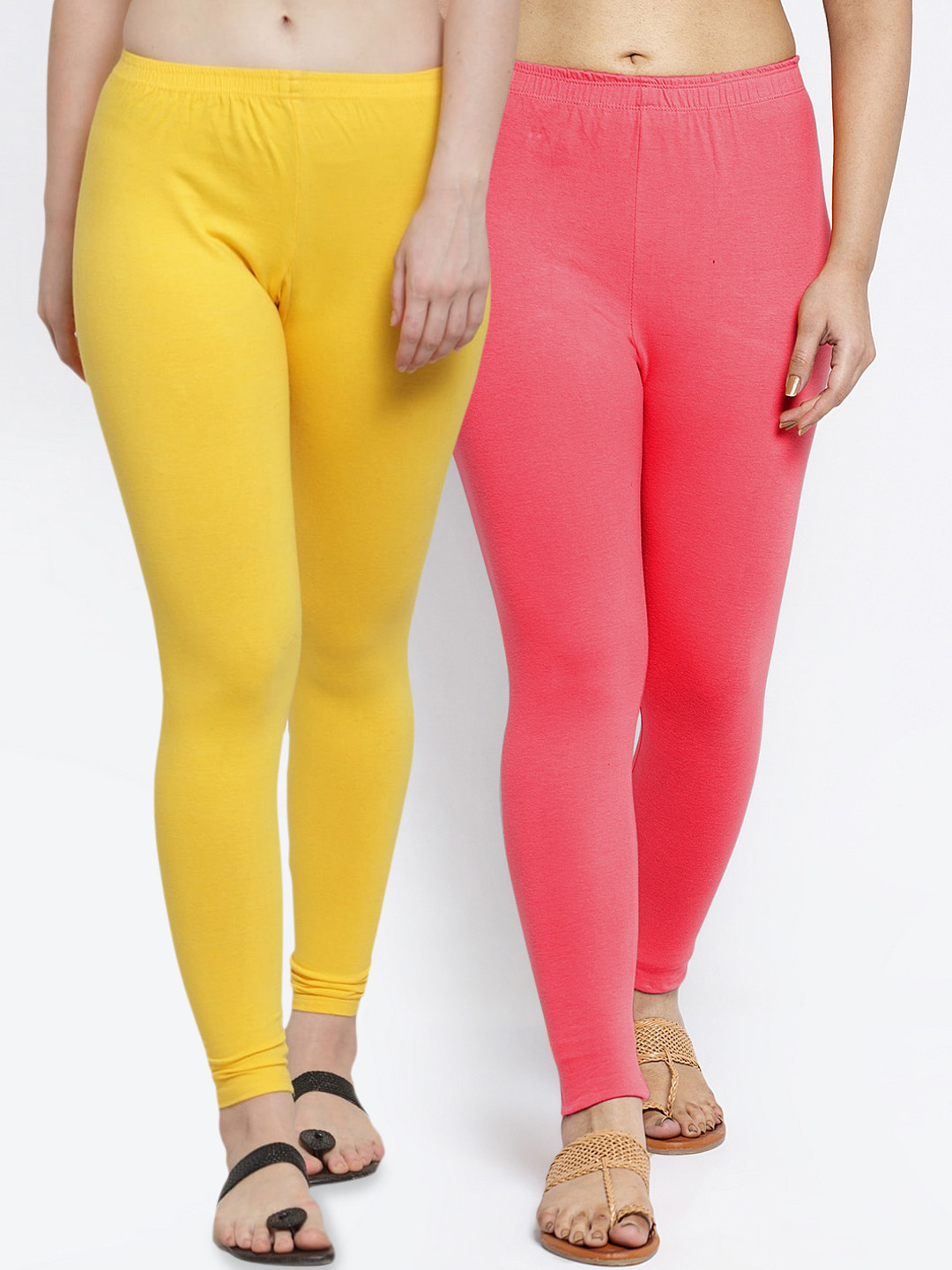 

GRACIT Women Pack Of 2 Peach & Yellow Solid Ankle Length Leggings