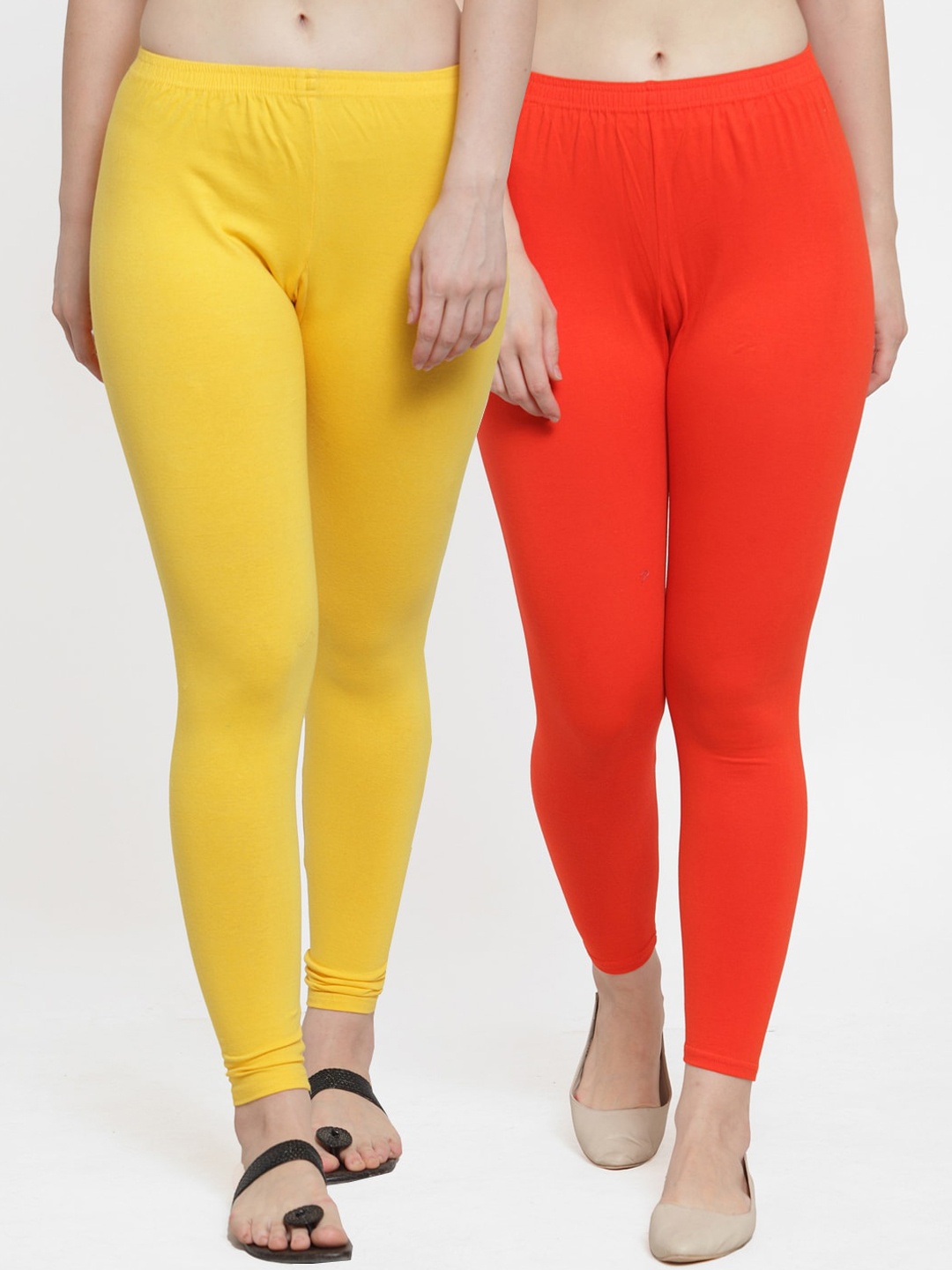 

GRACIT Women Pack Of 2 Yellow and Orange Solid Ankle-Length Leggings