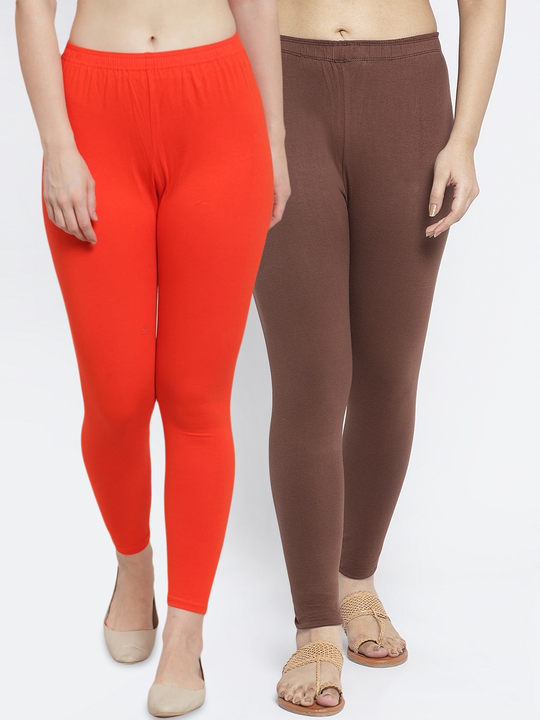 

GRACIT Women Pack Of 2 Solid Orange & Brown Ankle Length Leggings