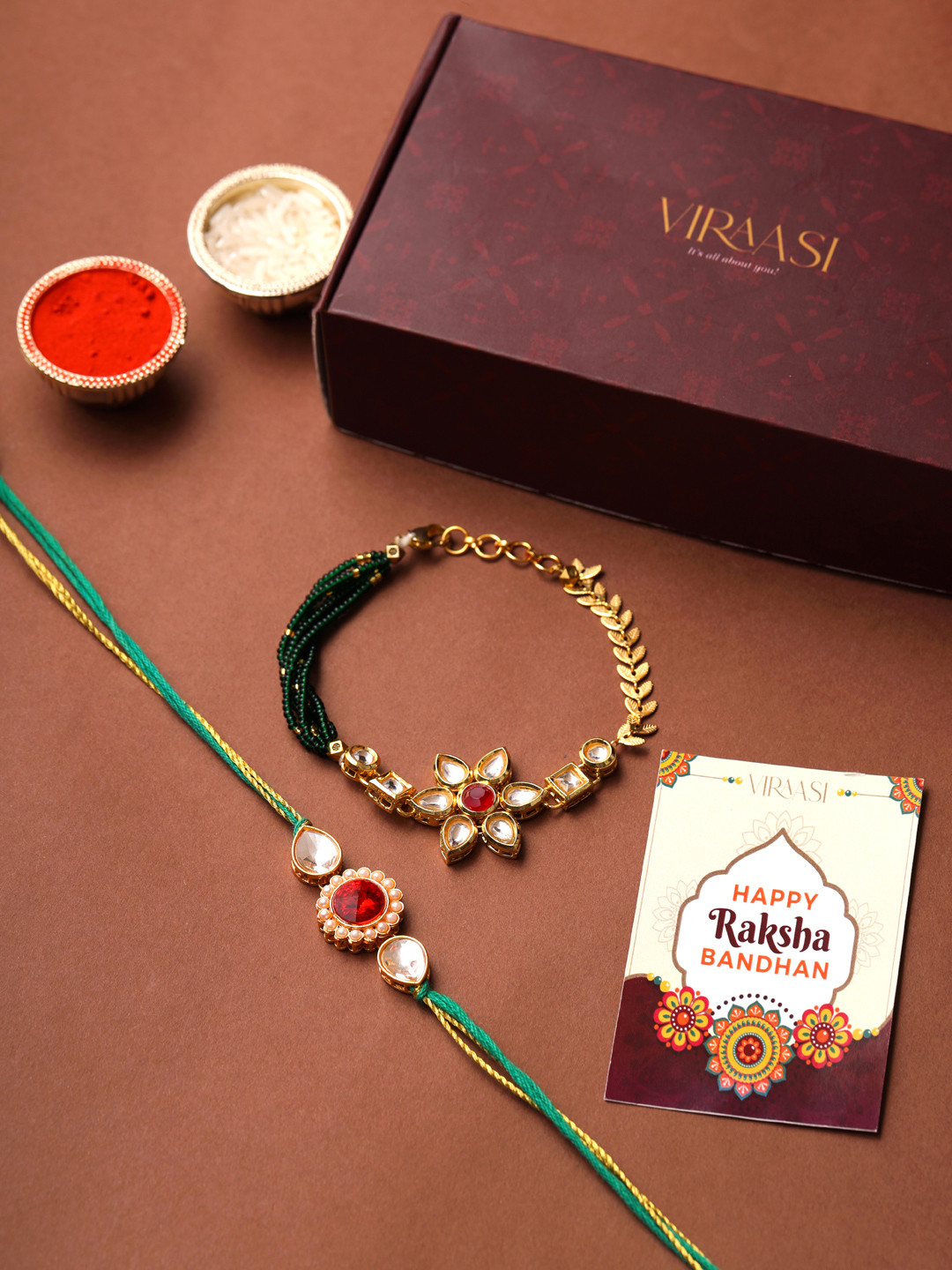 

VIRAASI Pack Of 2 Green & Gold-Toned Kundan Bhaiya Bhabhi Rakhi With Roli Chawal