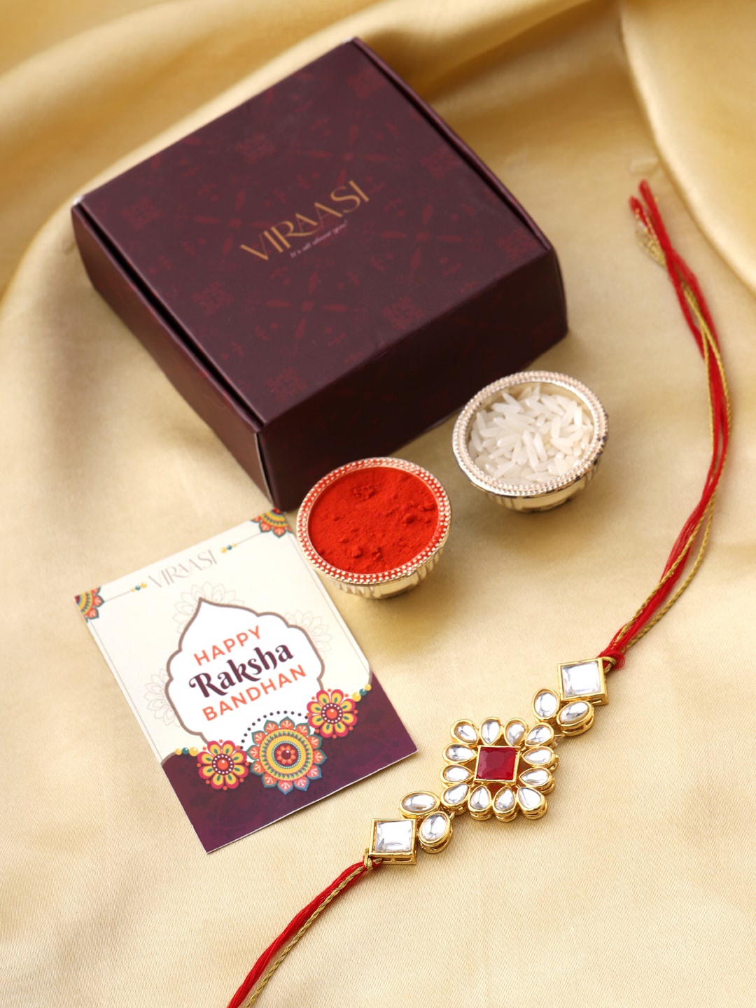 

VIRAASI Men Red & Gold-Toned Kundan-Studded Rakhi