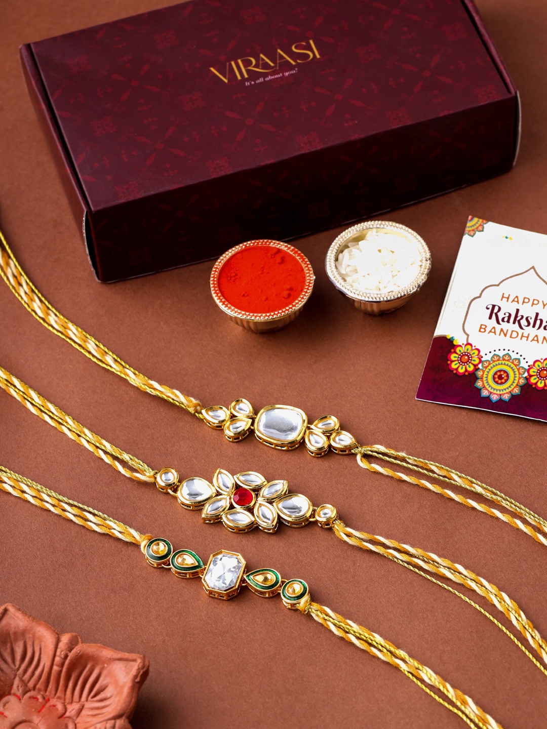 

VIRAASI Men Set Of 3 Gold-Toned Kundan Studded Threaded Rakhi