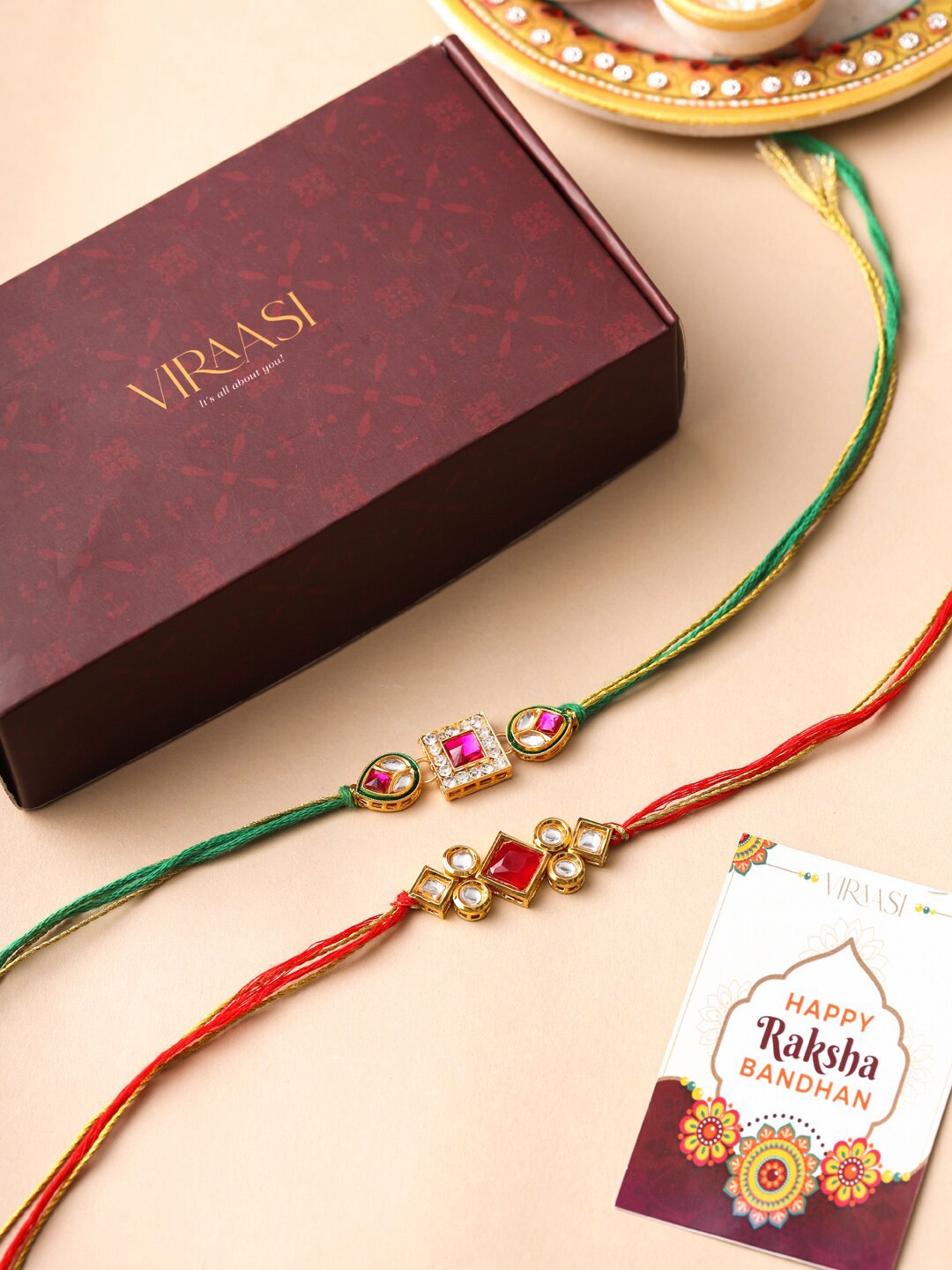 

VIRAASI Men Set Of 2 Kundan-Studded Rakhi, Gold
