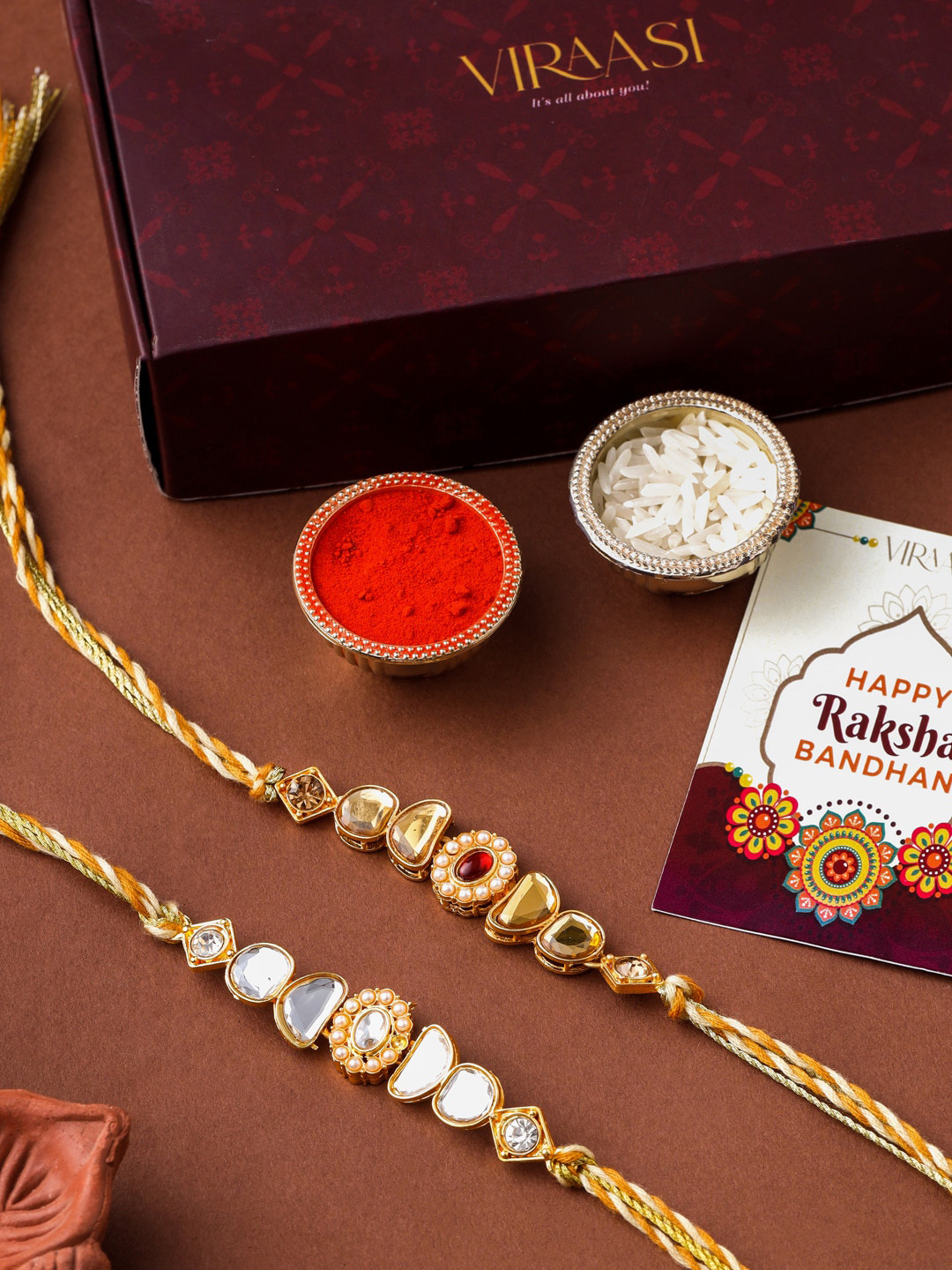 

VIRAASI Men Set Of 2 Kundan Beaded Rakhi, Gold