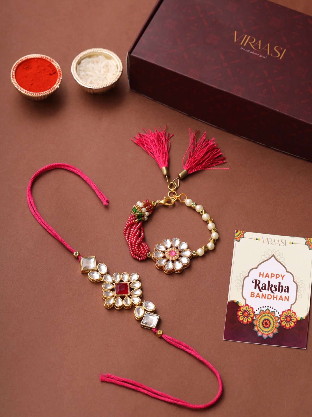

VIRAASI Set of 2 Kundan Bhaiya Bhabhi Rakhi, Gold