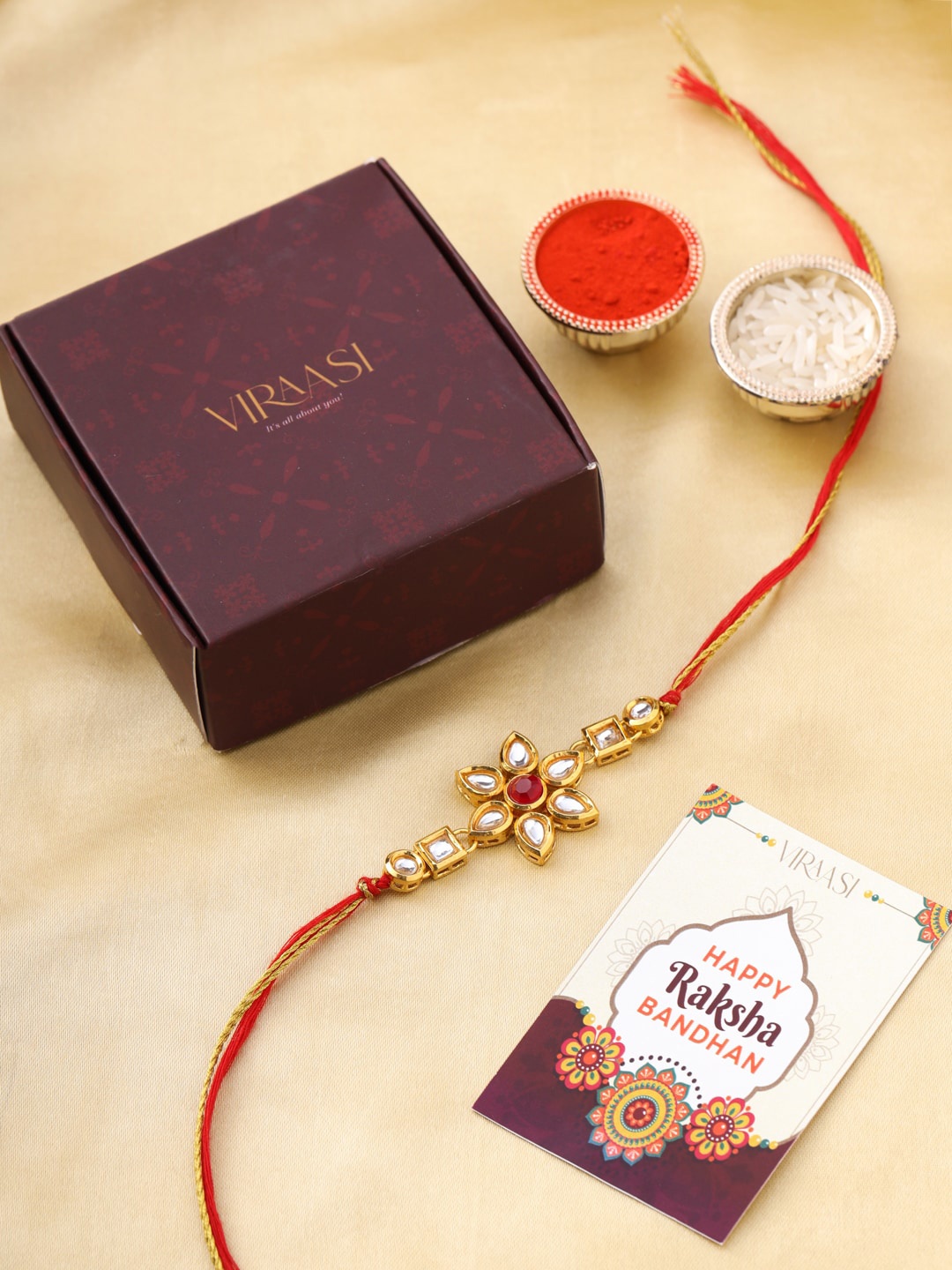 

VIRAASI Men Set Of 2 Gold-Toned Kundan Studded Rakhi With Roli Chawal
