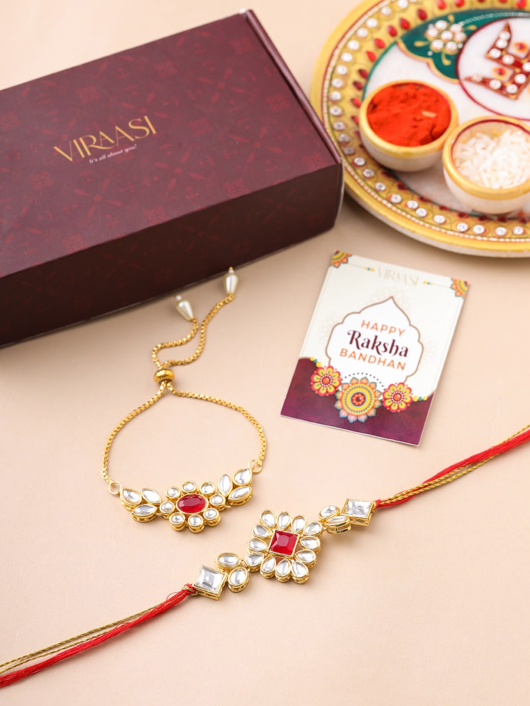 

VIRAASI Set Of 2 Red & Gold-Toned Beaded Bhaiya Bhabhi Rakhis