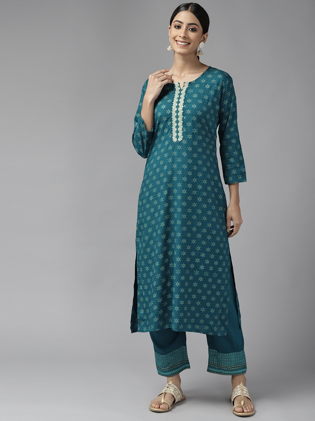 

Yufta Women Teal Ethnic Motifs Printed Aari Work Kurta with Palazzos