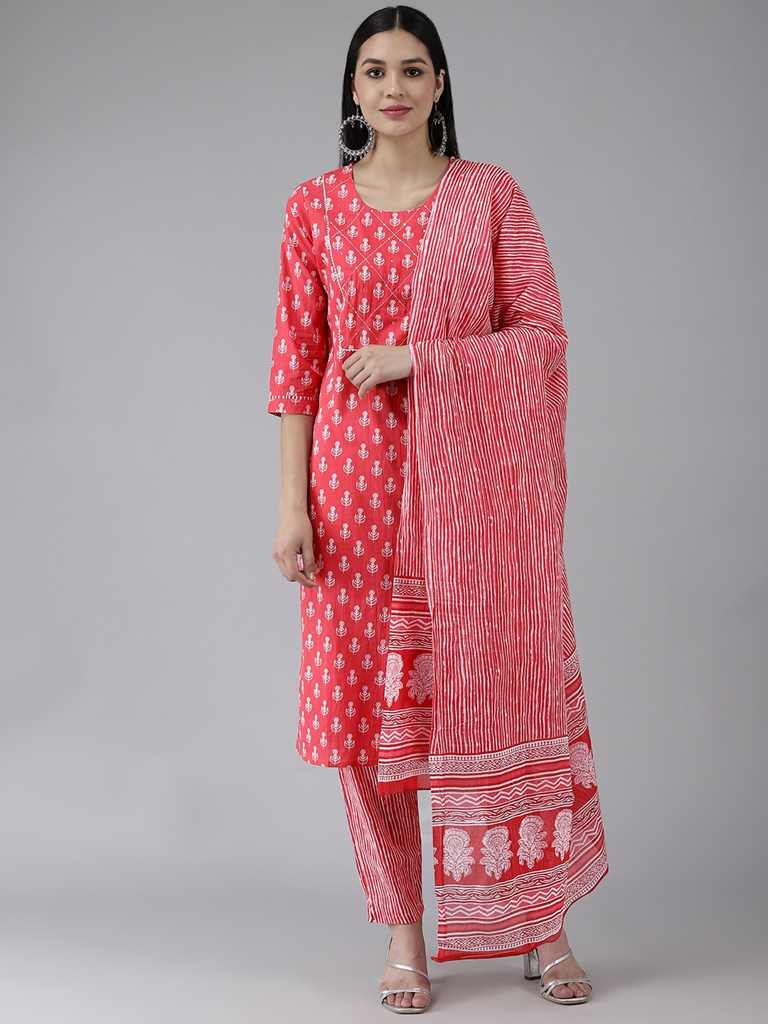 

Yufta Women Coral Pink & Off-White Printed Pure Cotton Kurta with Trousers & Dupatta
