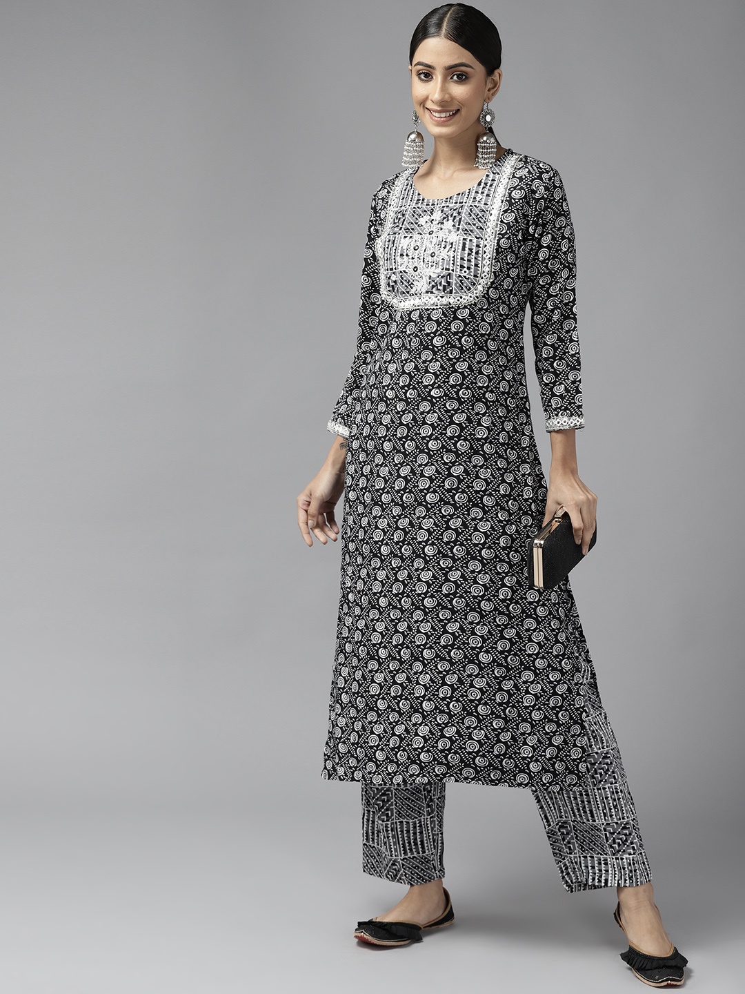 

Yufta Women Black Ethnic Motifs Printed Mirror Work Kurta with Trousers