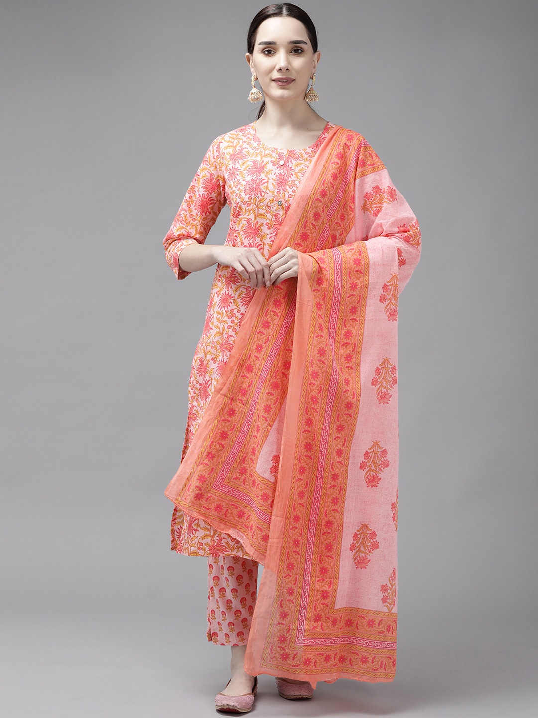 

Yufta Women Peach-Coloured Floral Printed Pure Cotton Kurta with Trousers & With Dupatta