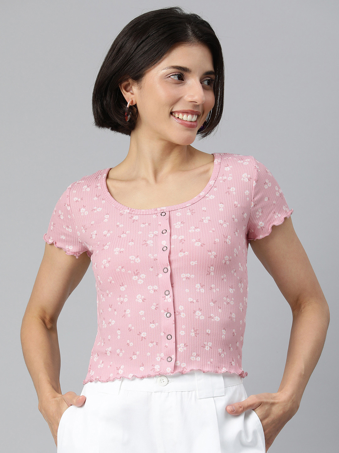 

London Rag Dusty Pink & White Floral Print Top, Rose