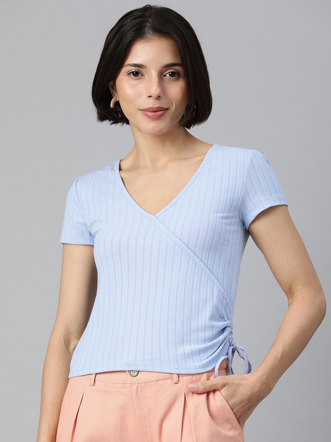 

London Rag Blue Solid Ruched Top