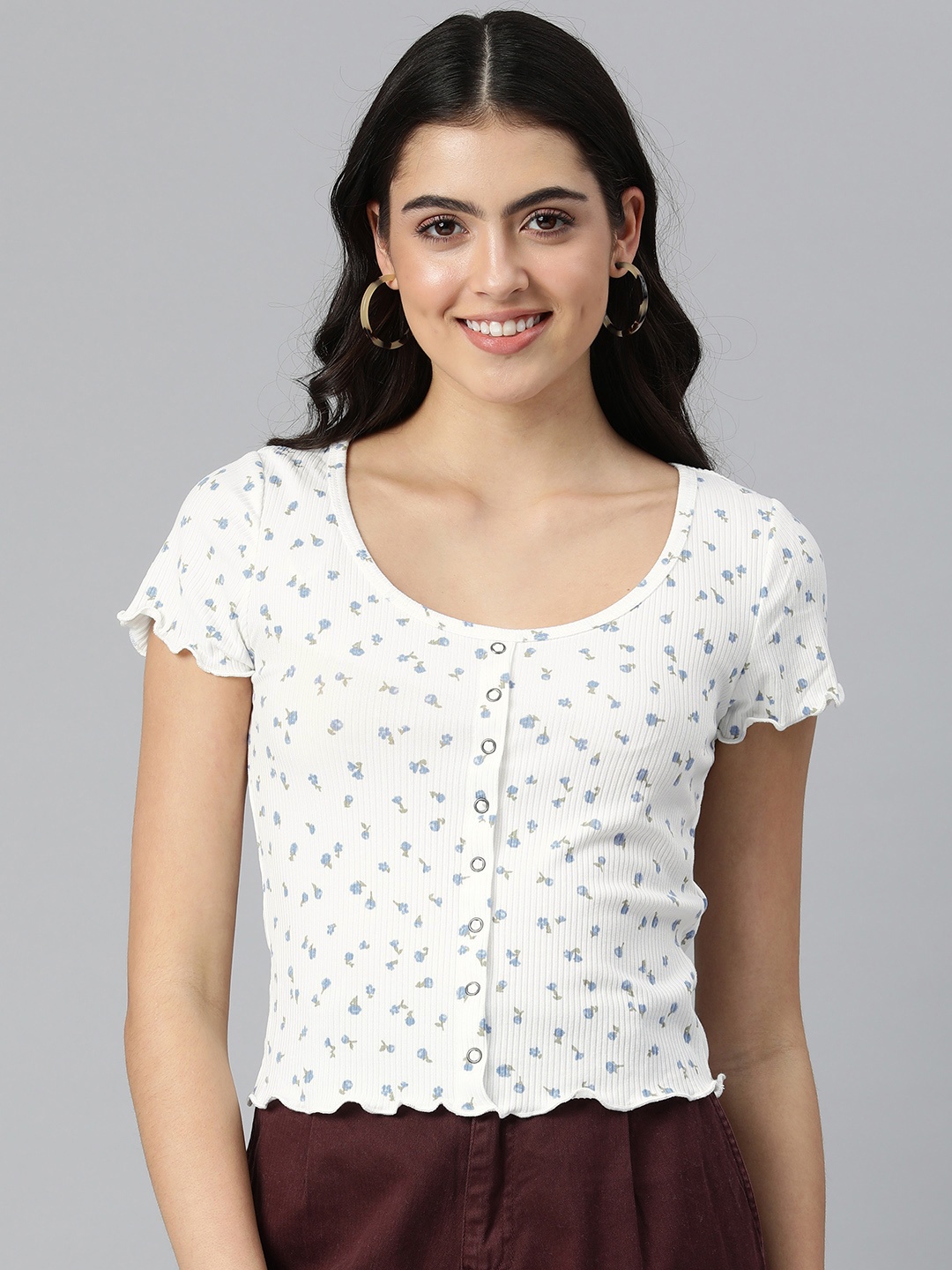 

London Rag White & Blue Floral Print Top