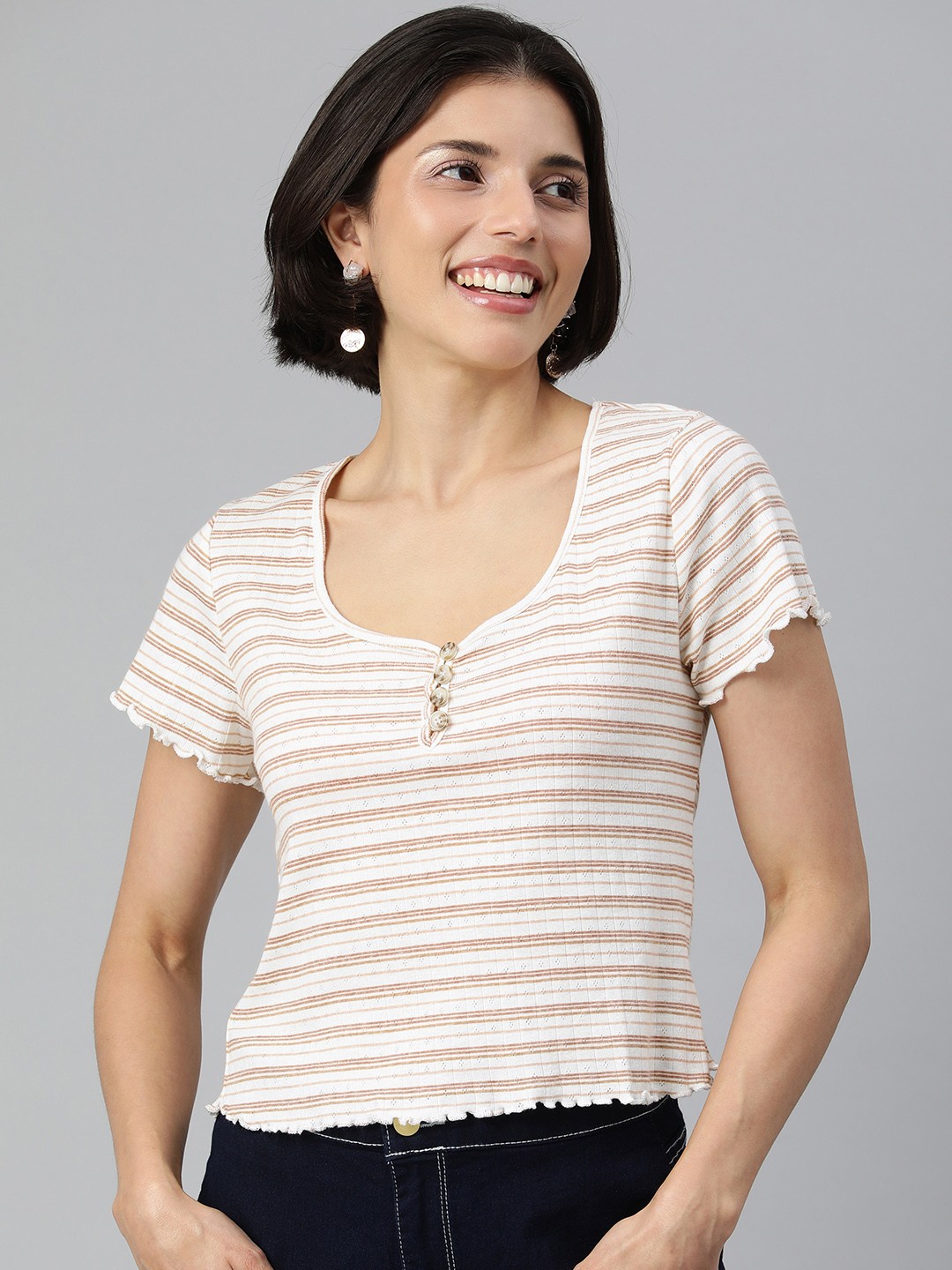 

London Rag White & Beige Striped Top