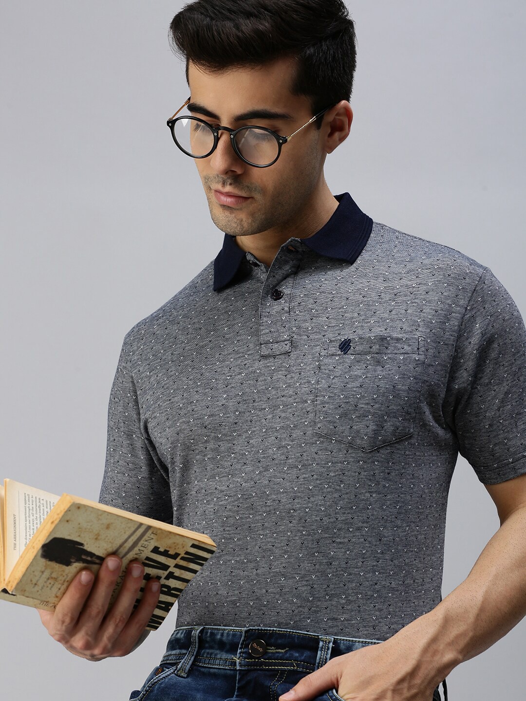 

ONN Men Navy Blue Printed Cotton Polo Collar T-shirt