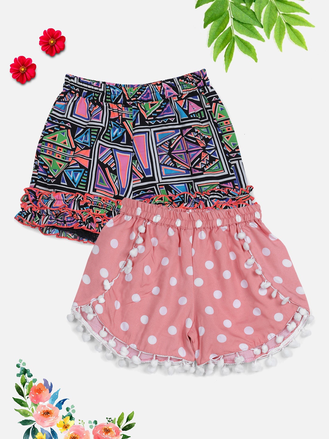 

Cutiekins Girls Black & Pink Set Of 2 Printed Shorts