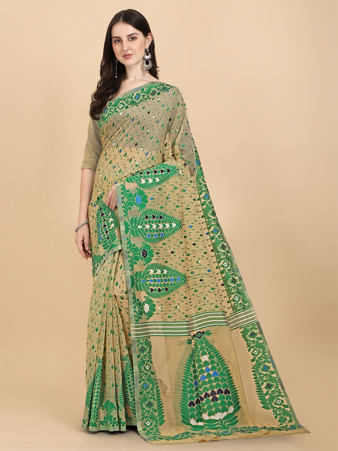 

Fashion Booms Cream-Coloured & Green Woven Design Pure Cotton Jamdani Saree